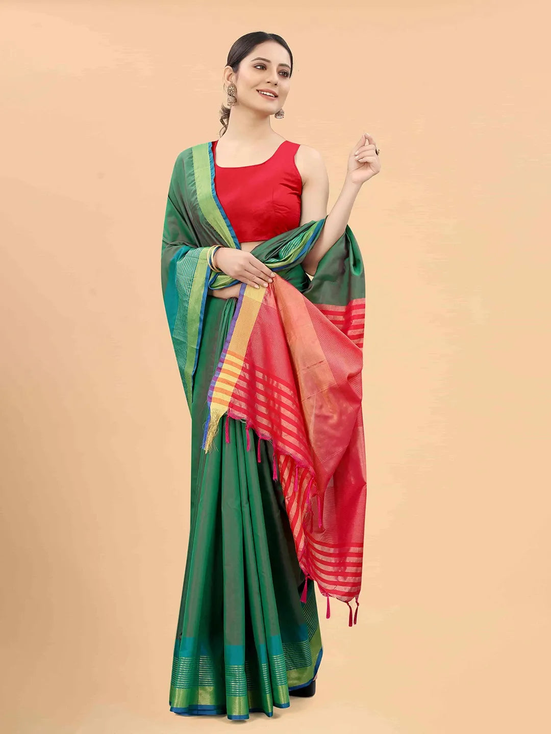 Silk Land - Green & Red Zari Art Silk Arani Saree