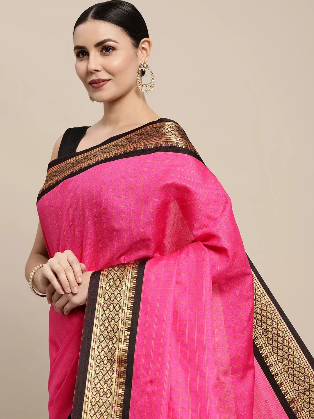 KALINI - Pink & Gold-Toned Checked Zari Silk Cotton Saree