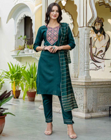 Cotton Embroidery Straight Kurti with Pant and Dupatta - Green