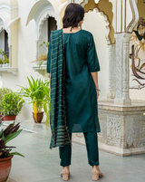 Cotton Embroidery Straight Kurti with Pant and Dupatta - Green