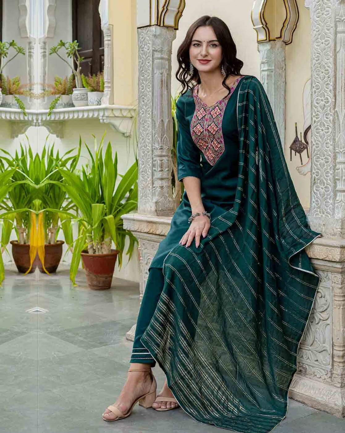 Cotton Embroidery Straight Kurti with Pant and Dupatta - Green