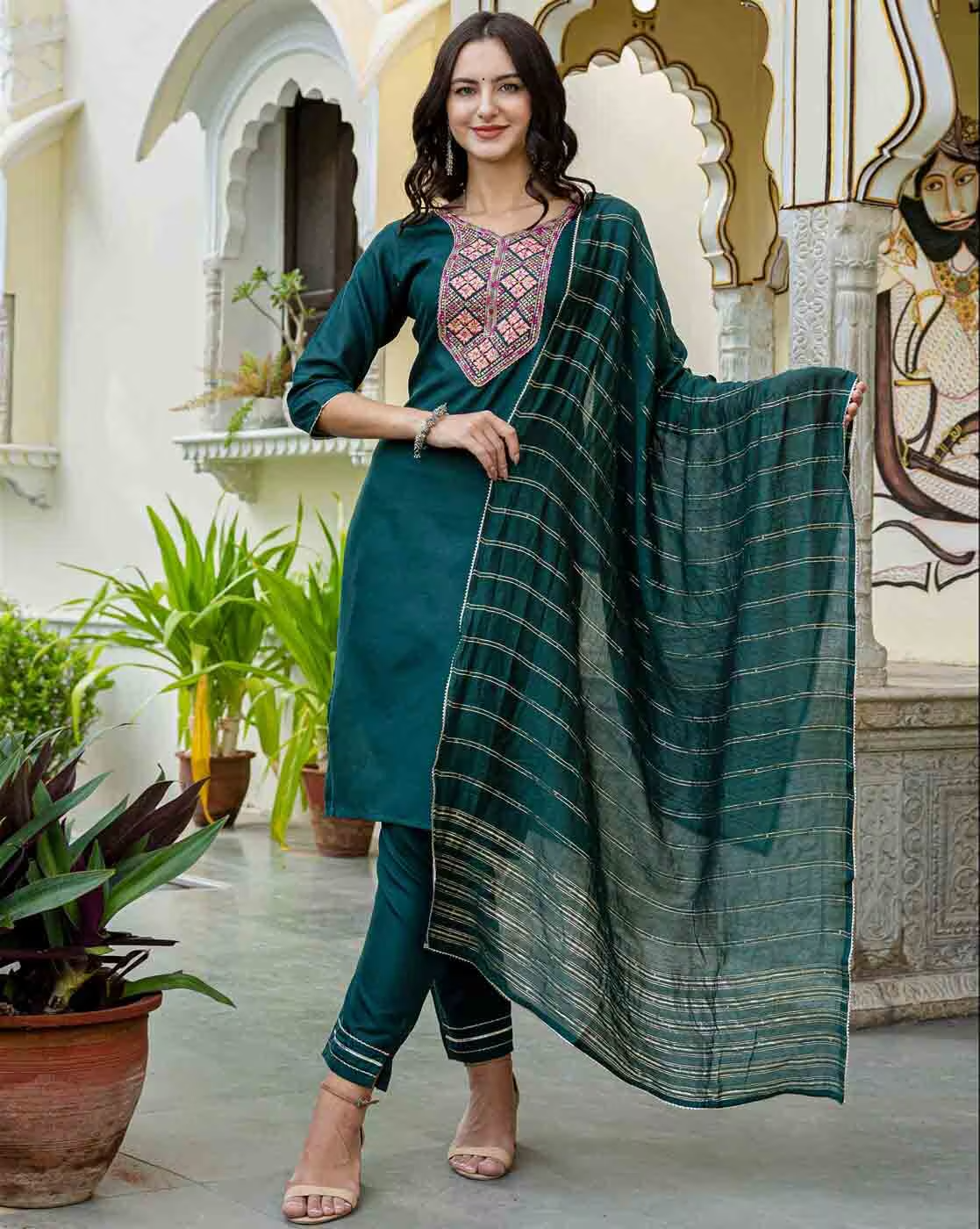 Cotton Embroidery Straight Kurti with Pant and Dupatta - Green