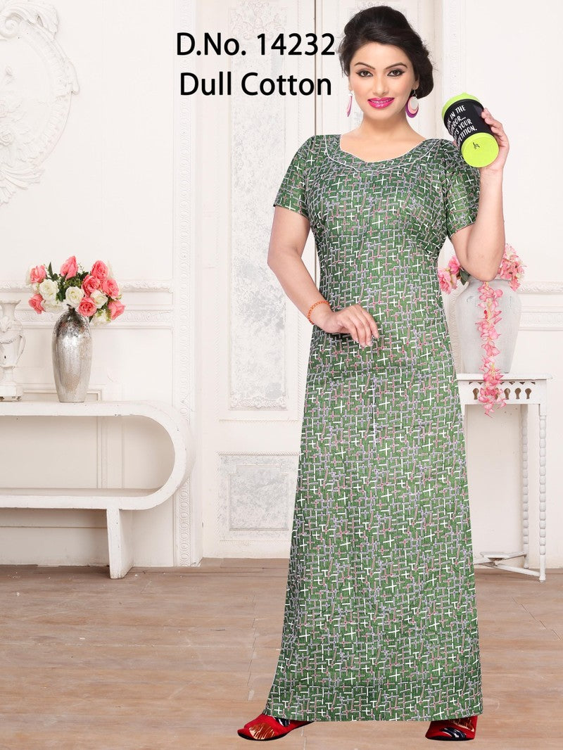 Missy - Dull Cotton Printed Nighty Gown - Green