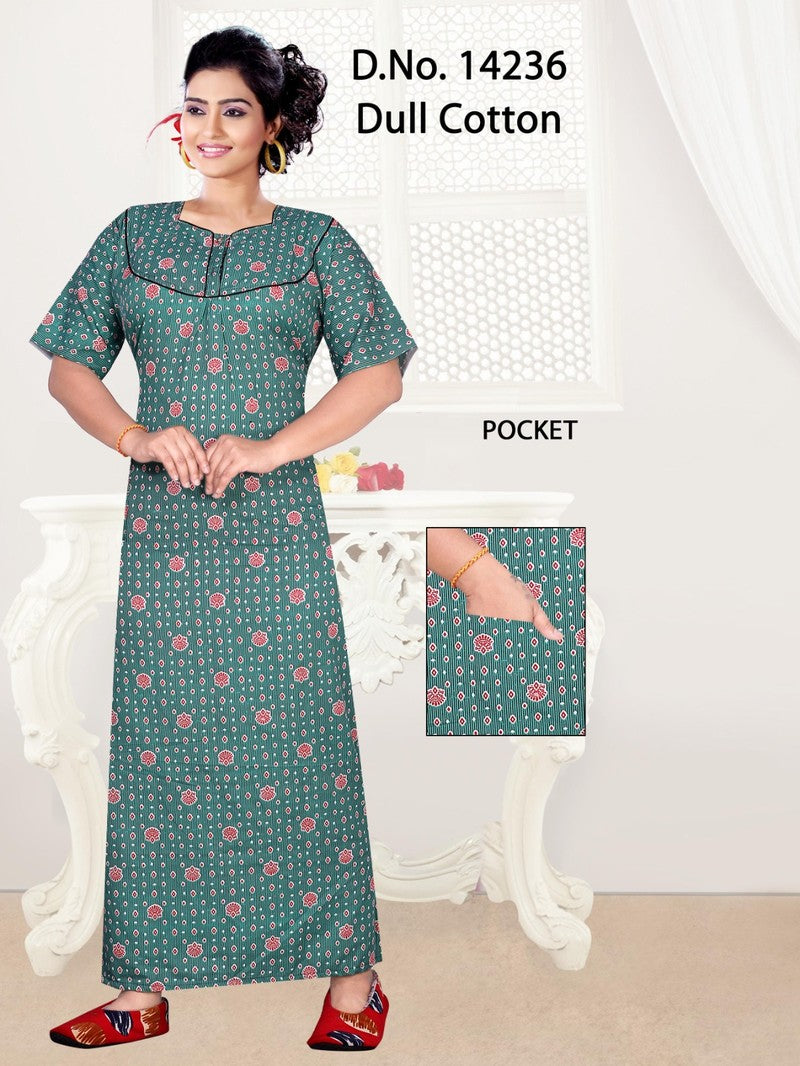 Missy - Dull Cotton Printed Nighty Gown - Green