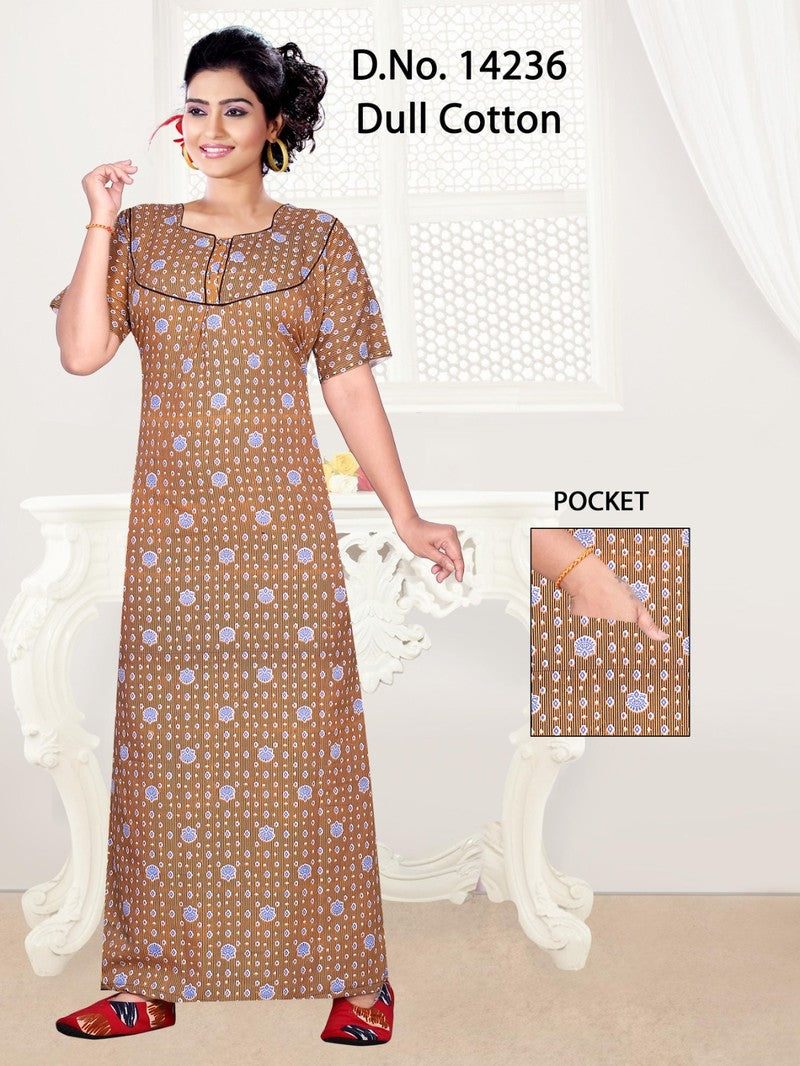 Missy - Dull Cotton Printed Nighty Gown - Beige