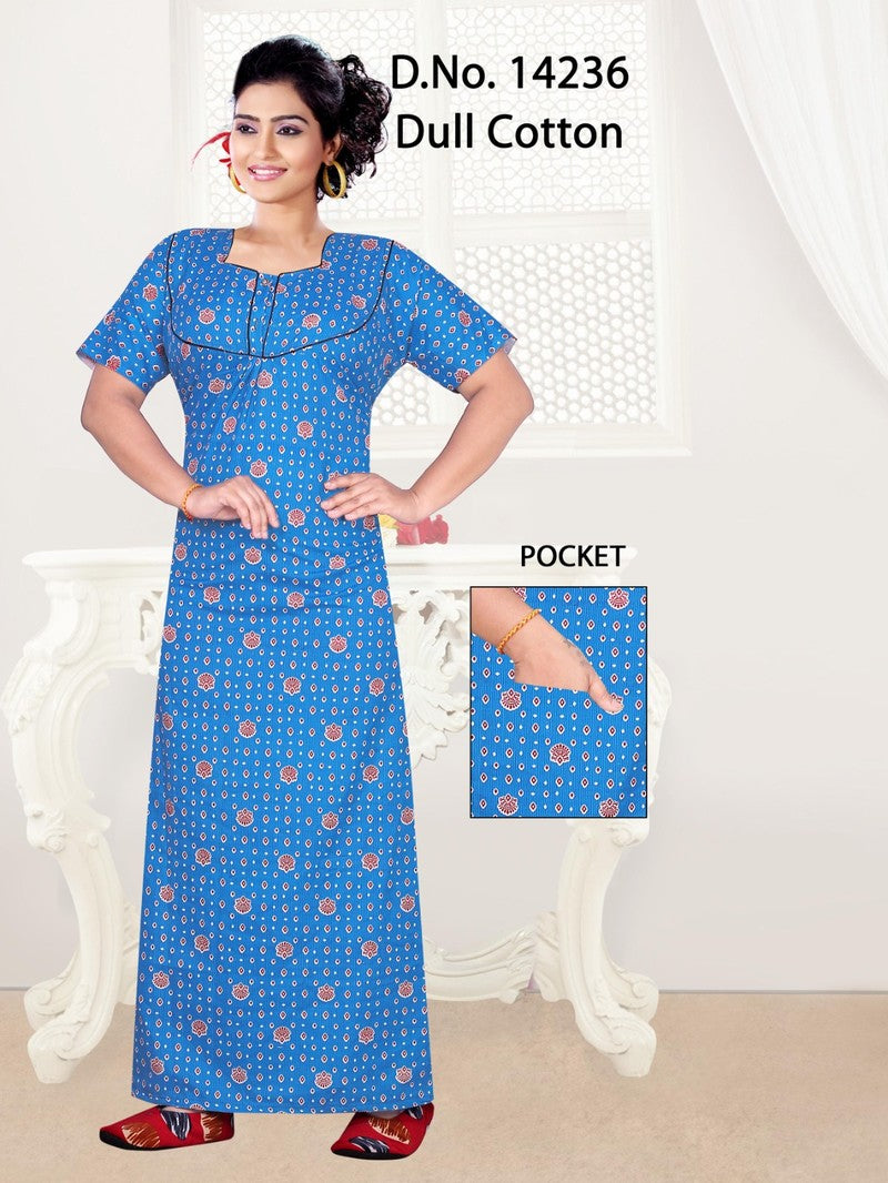 Missy - Dull Cotton Printed Nighty Gown - Blue