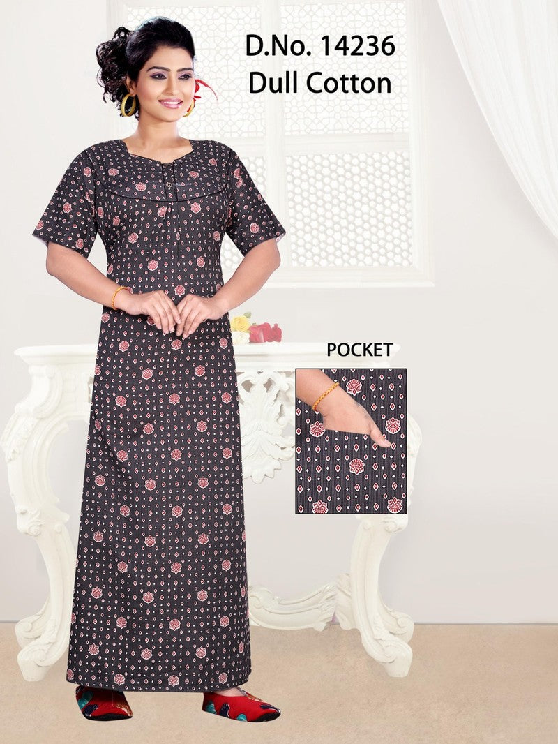 Missy - Dull Cotton Printed Nighty Gown - Black