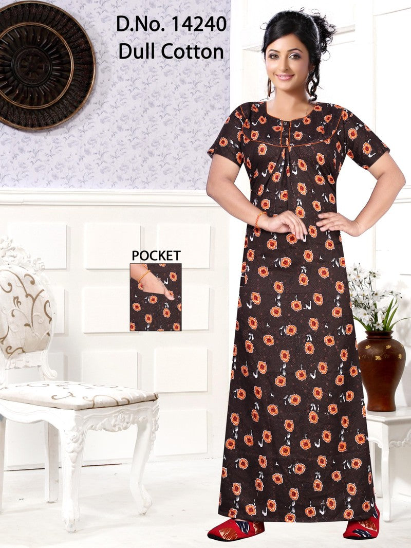 Missy - Dull Cotton Printed Nighty Gown - Coffee Brown