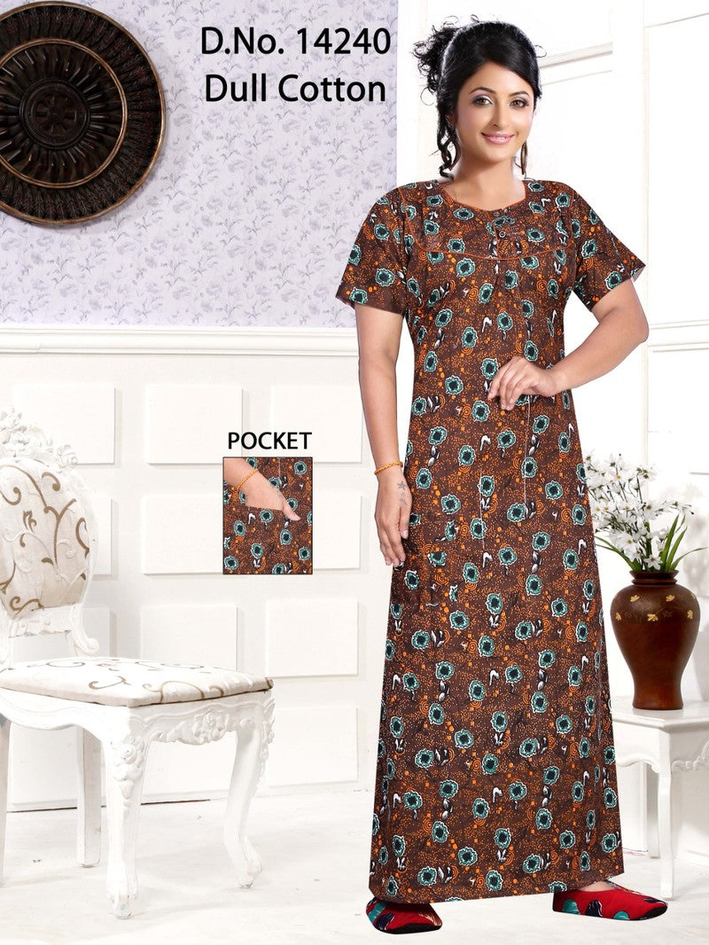 Missy - Dull Cotton Printed Nighty Gown - Brown