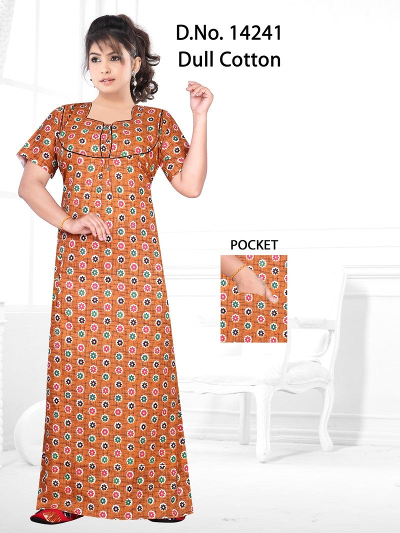 Missy - Dull Cotton Printed Nighty Gown - Orange