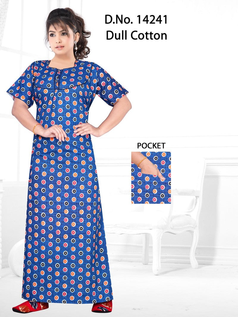 Missy - Dull Cotton Printed Nighty Gown - Blue