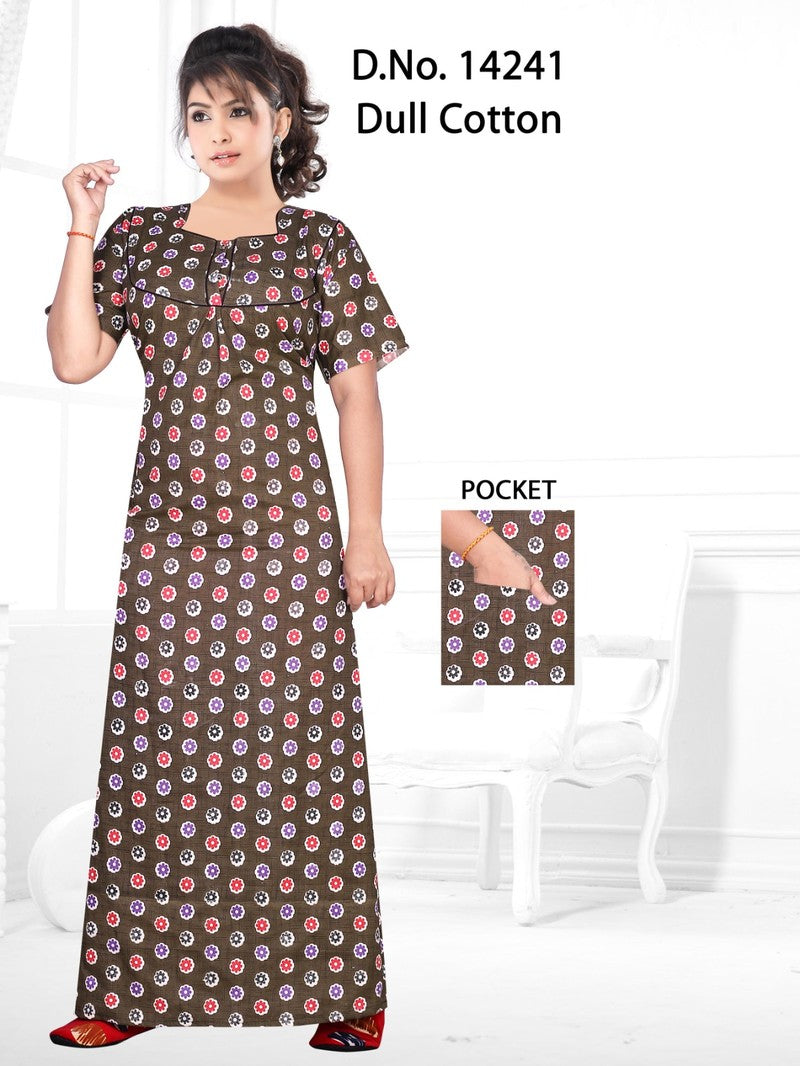 Missy - Dull Cotton Printed Nighty Gown - Brown