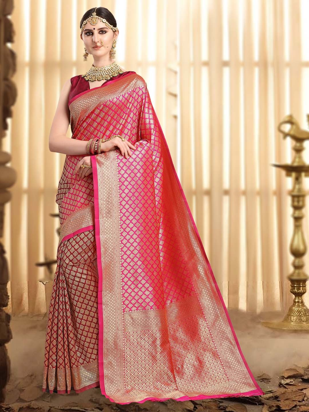 KALINI- Pink & Maroon Ethnic Motifs Zari Woven Design Half and Half Kanjeevaram Saree