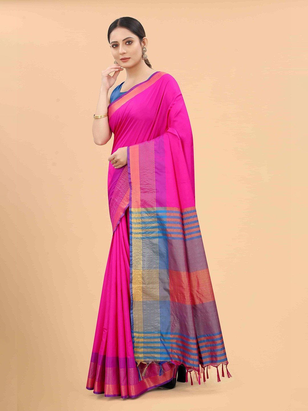 Silk Land - Pink & Blue Zari Art Silk Fusion Arani Saree