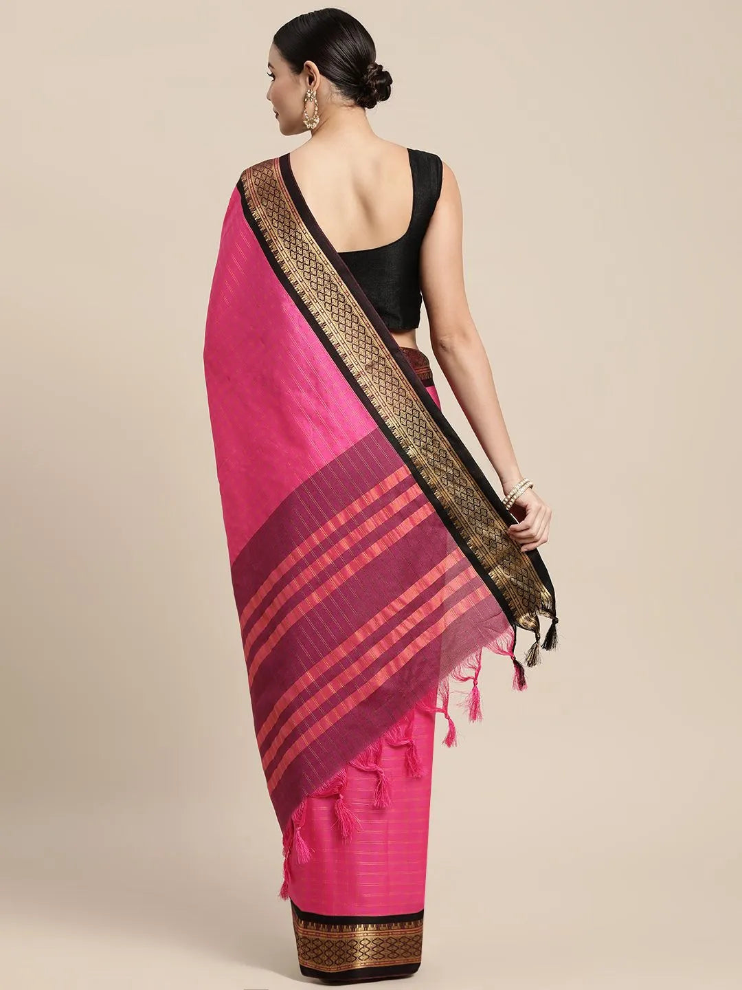 KALINI - Pink & Gold-Toned Checked Zari Silk Cotton Saree