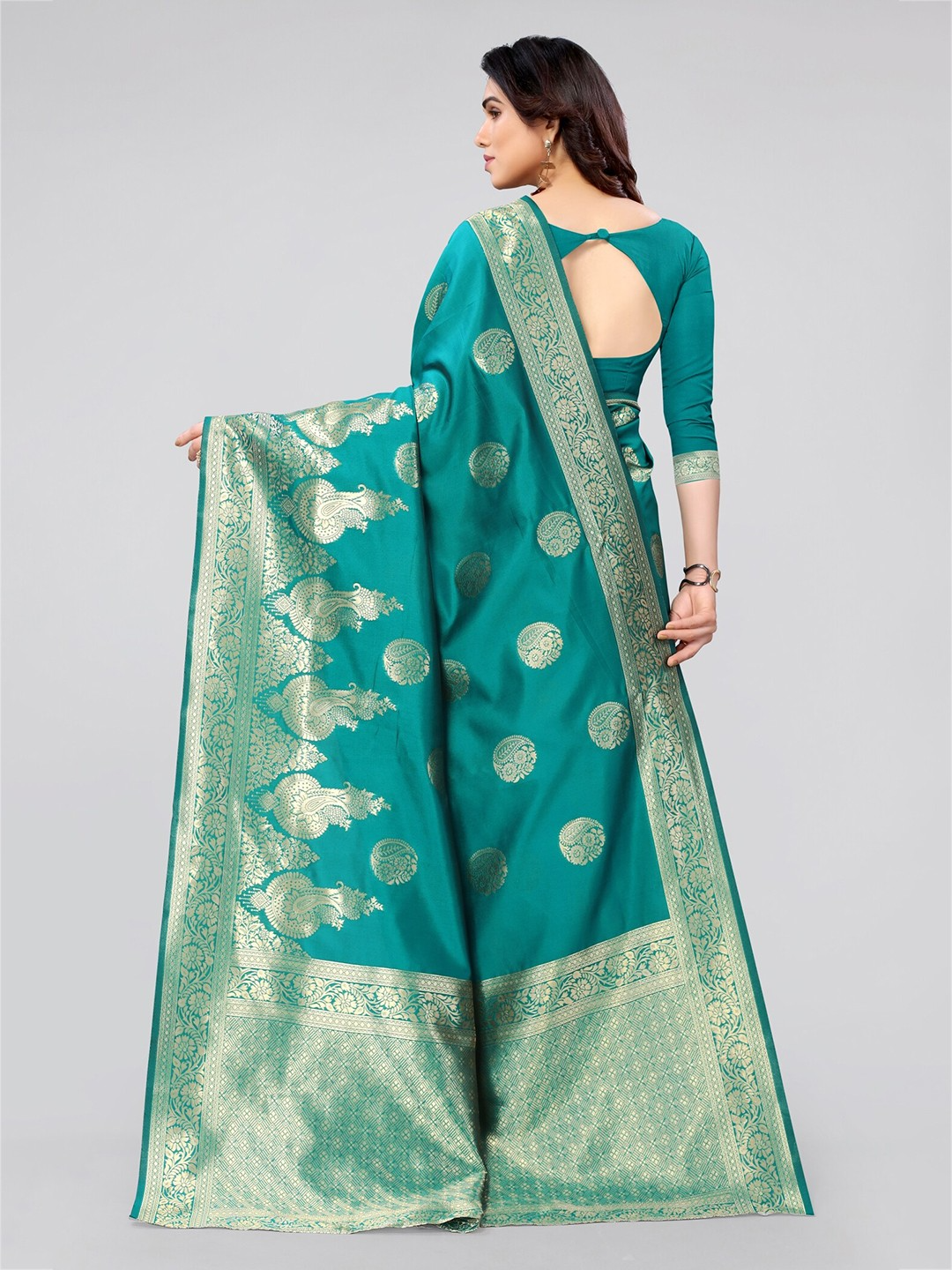 KALINI- Women Green & Gold-Toned Woven Design Zari Silk Blend Banarasi Saree