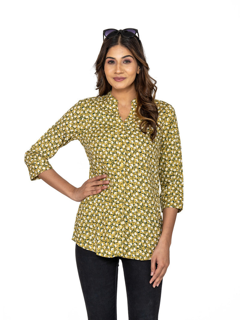 Women's Rayon Regular Fit Printed Mandarin Collar Casual Shirt