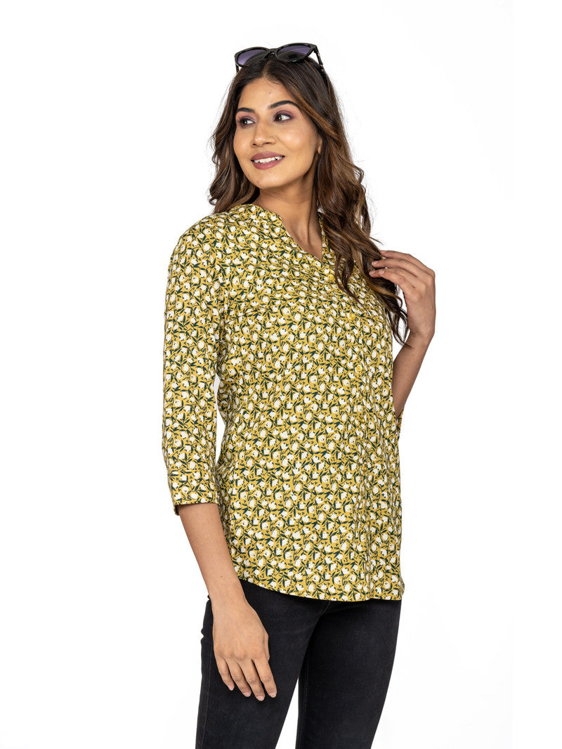 Women's Rayon Regular Fit Printed Mandarin Collar Casual Shirt