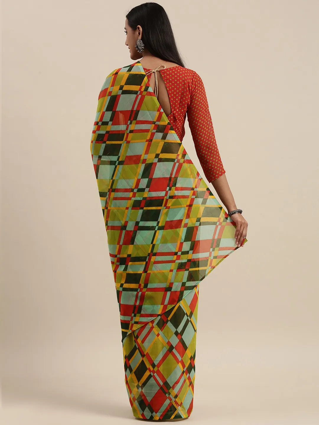 KALINI - Blue & Red Checked Saree