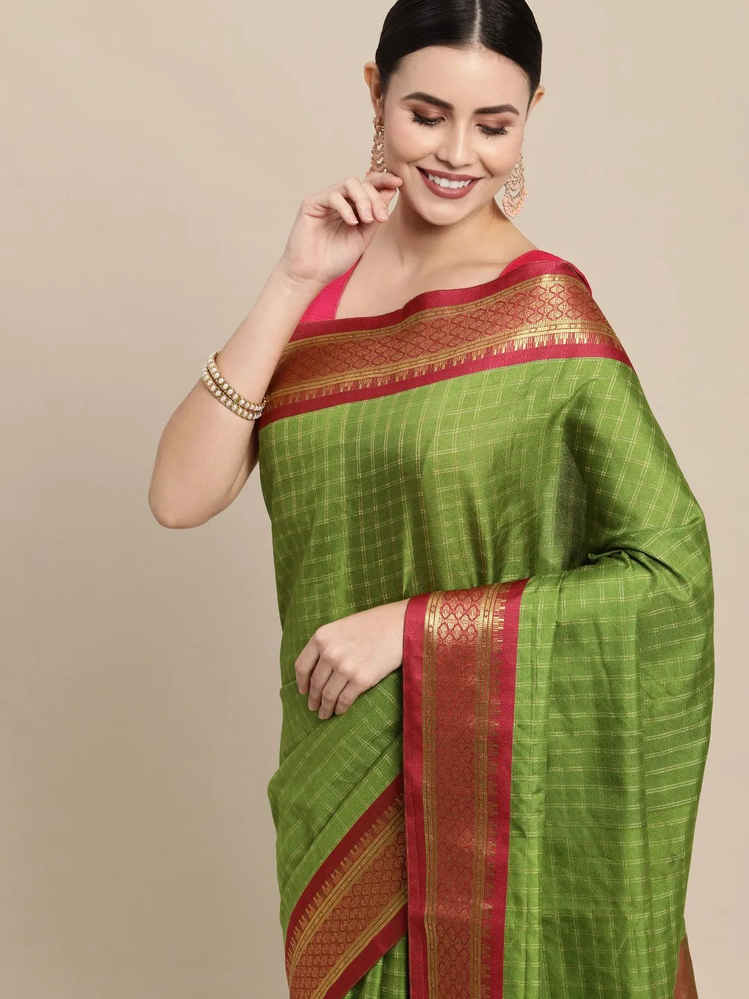 KALINI - Green & Red Checked Zari Silk Cotton Saree