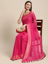 Mitera- Pink & Gold-Toned Floral Zari Pure Chiffon Saree