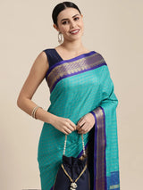 KALINI - Turquoise Blue & Gold-Toned Checked Zari Silk Cotton Saree