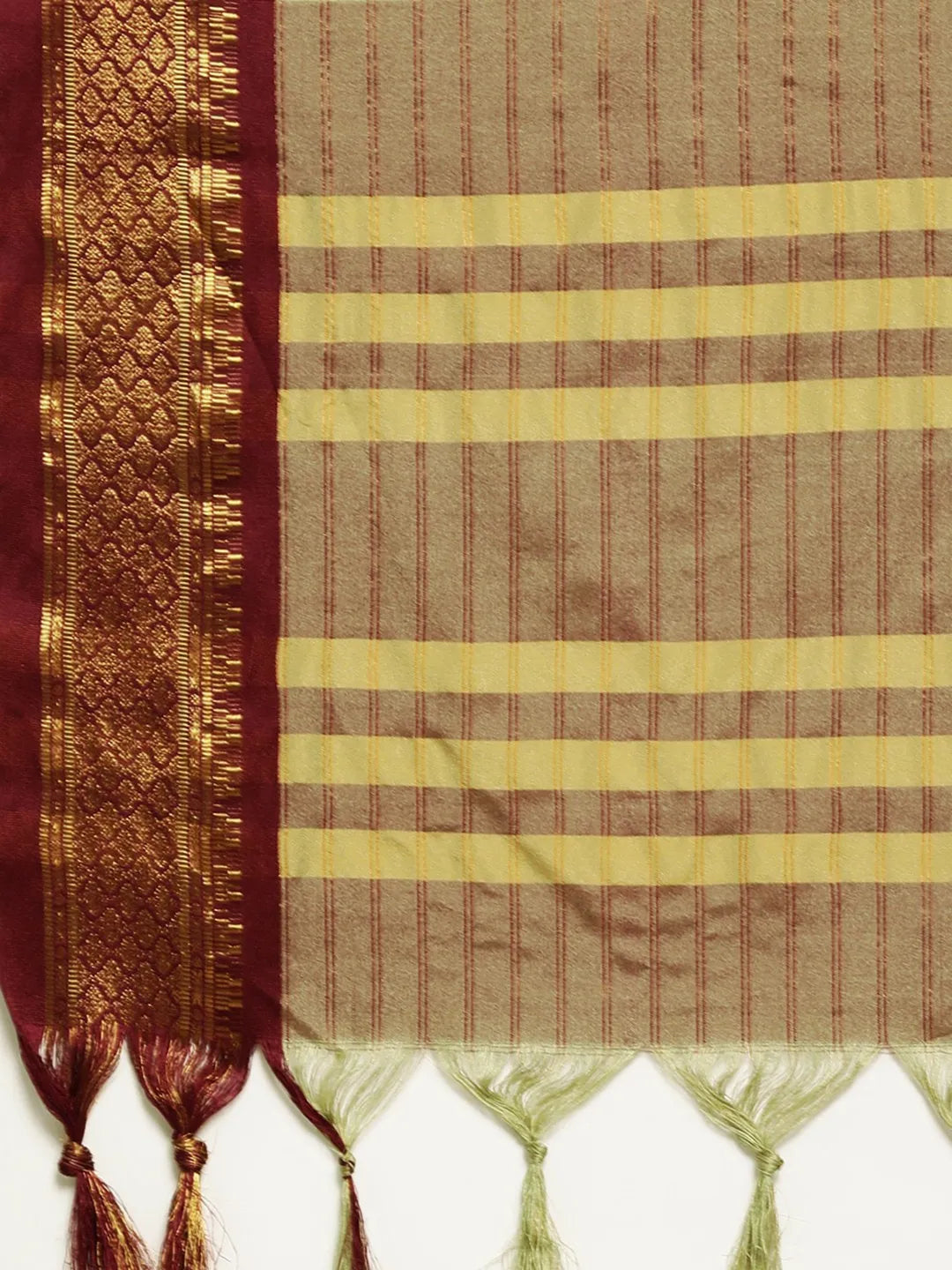 KALINI - Olive Green & Maroon Checked Zari Silk Cotton Saree