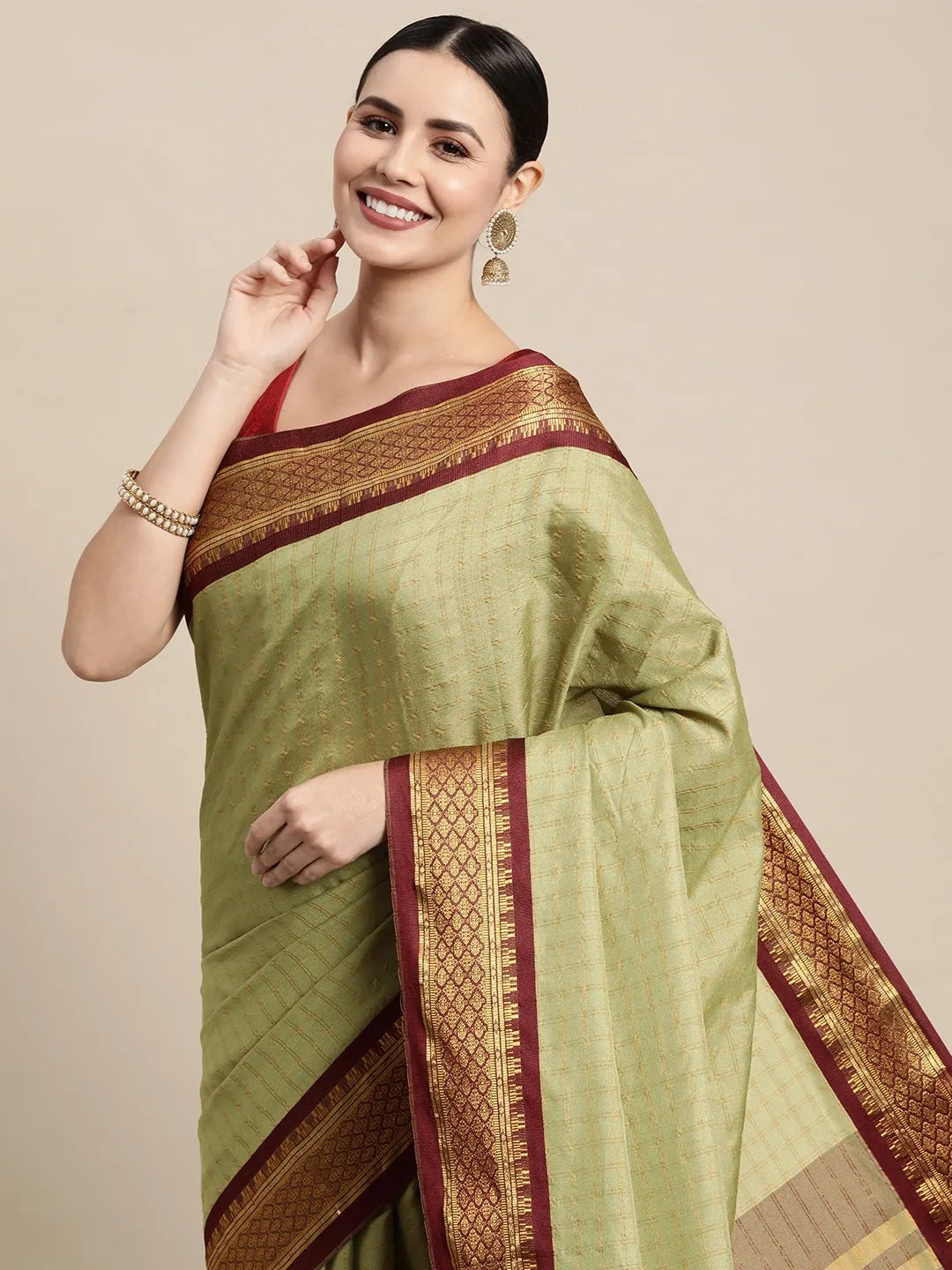 KALINI - Olive Green & Maroon Checked Zari Silk Cotton Saree