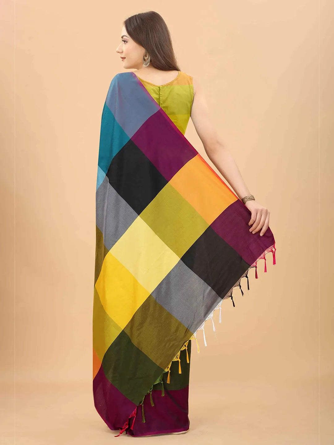 Silk Land - Purple & Yellow Colourblocked Art Silk Half and Half Uppada Saree