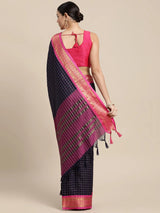 KALINI - Navy Blue & Pink Checked Zari Silk Cotton Saree