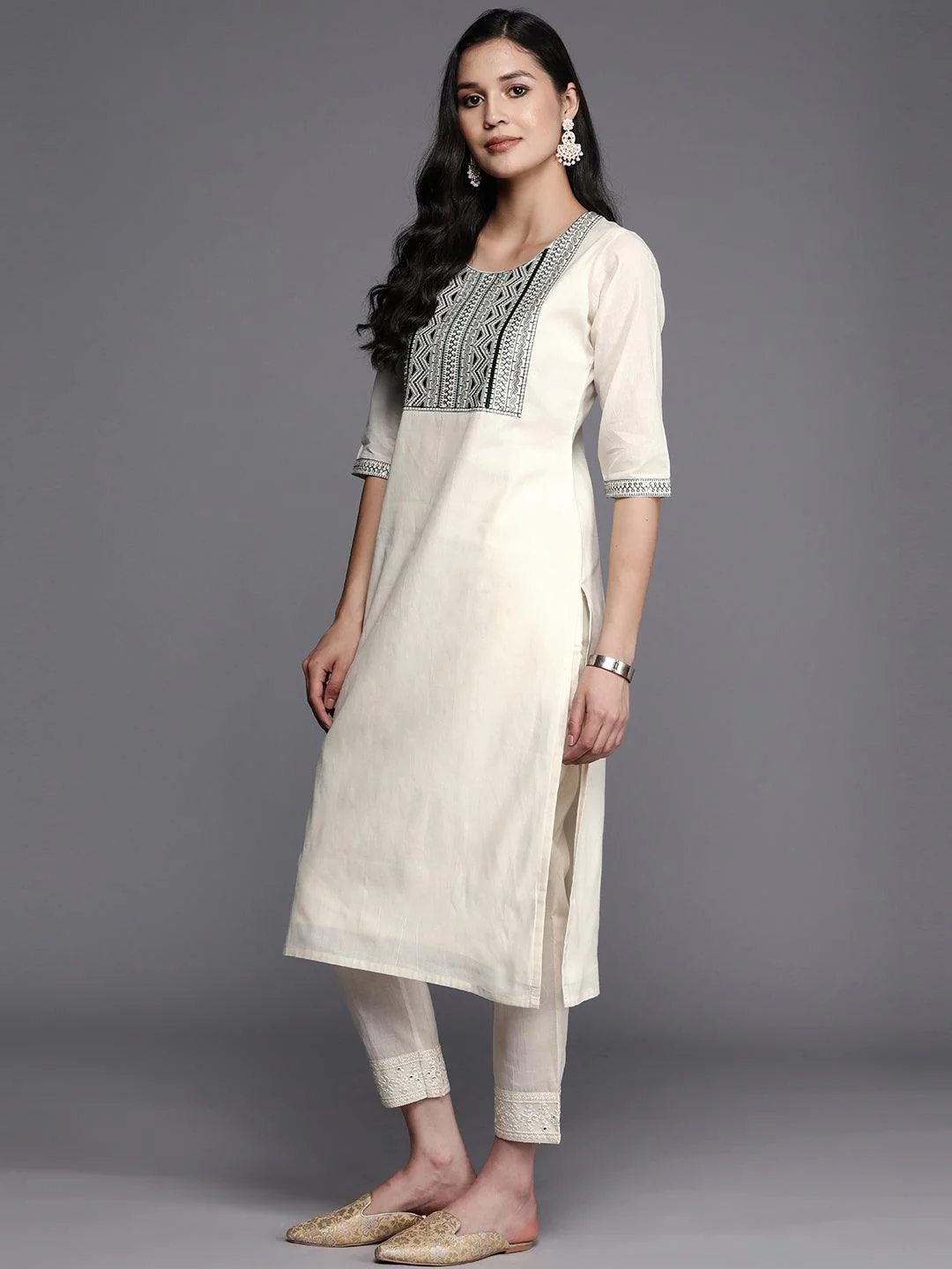 Off White Printed Cotton Straight Kurta