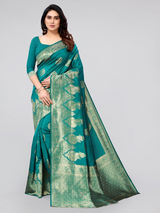 KALINI- Women Green & Gold-Toned Woven Design Zari Silk Blend Banarasi Saree