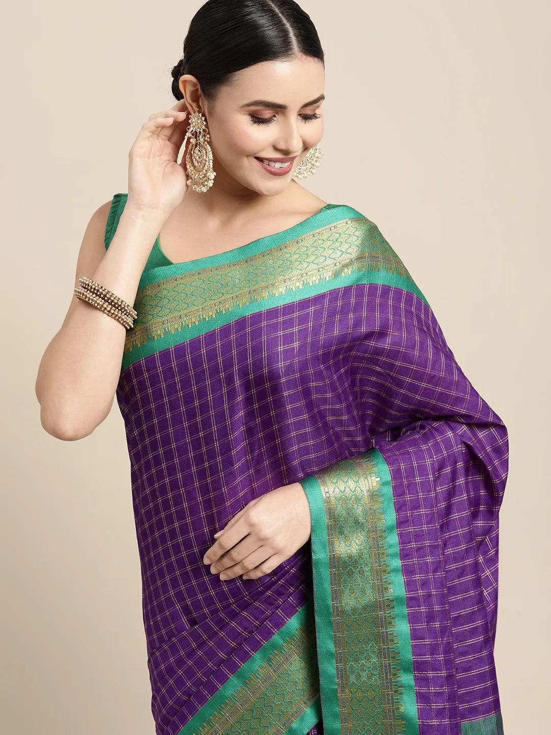 KALINI - Purple & Green Checked Zari Silk Cotton Saree