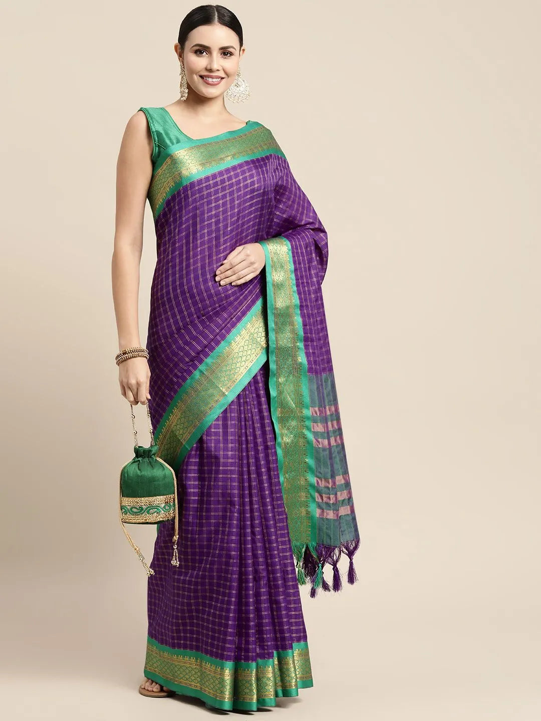 KALINI - Purple & Green Checked Zari Silk Cotton Saree