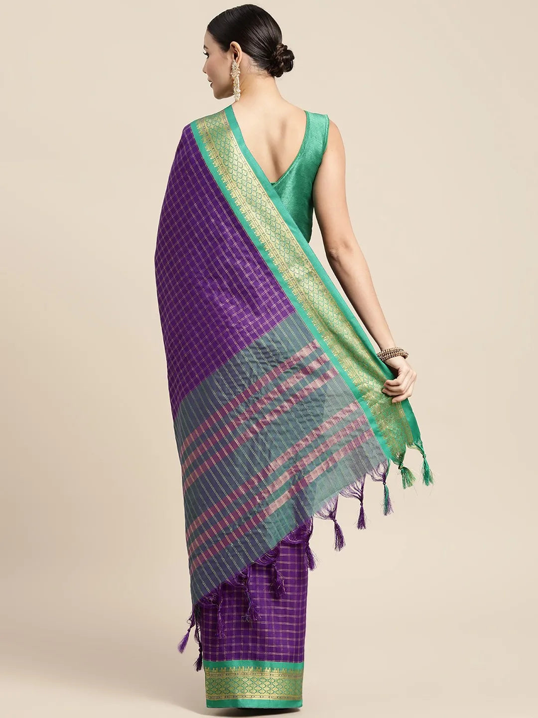 KALINI - Purple & Green Checked Zari Silk Cotton Saree