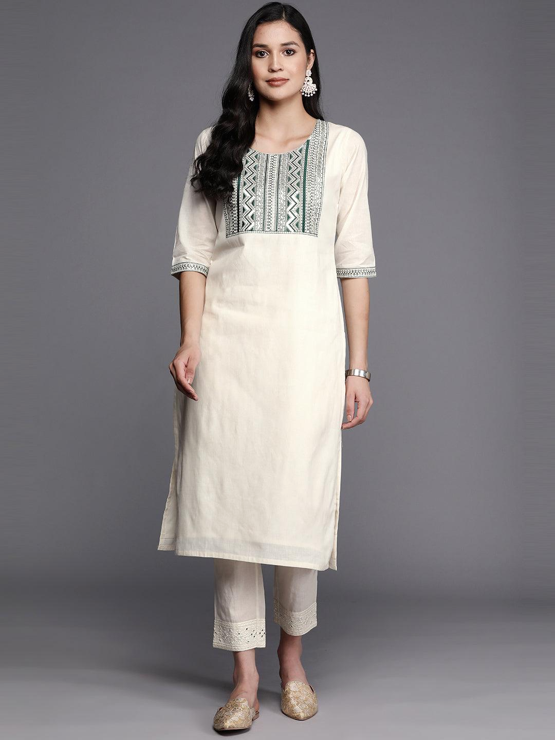 Off White Printed Cotton Straight Kurta