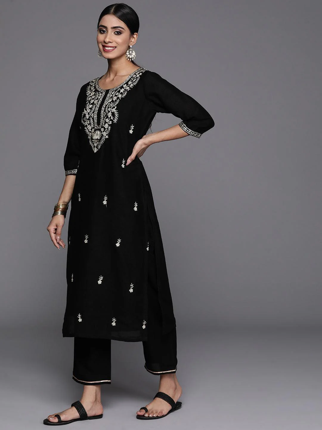 Black Embroidered Silk Blend Straight Kurta with Trousers & Dupatta