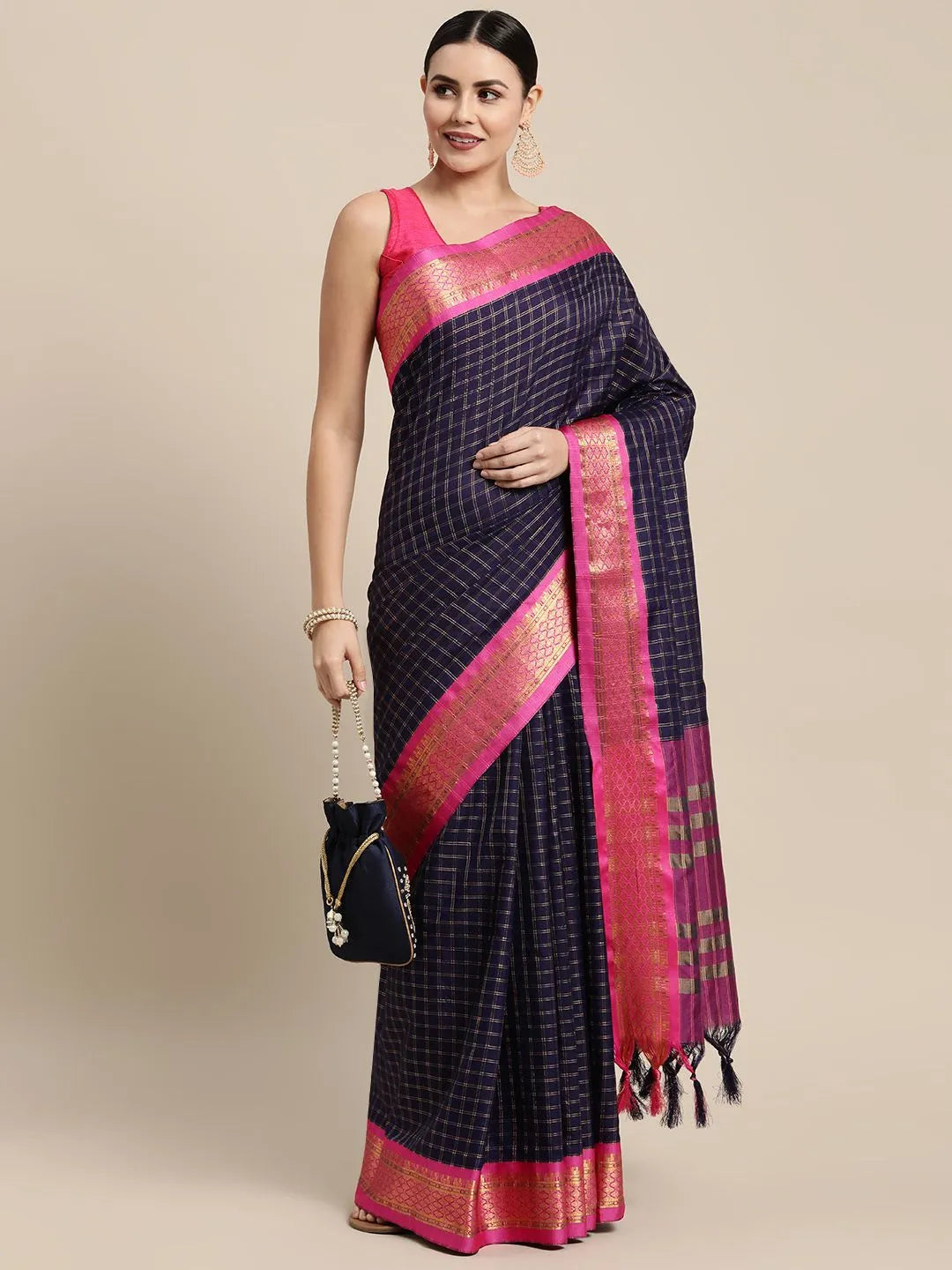 KALINI - Navy Blue & Pink Checked Zari Silk Cotton Saree