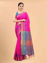 Silk Land - Pink & Blue Zari Art Silk Fusion Arani Saree