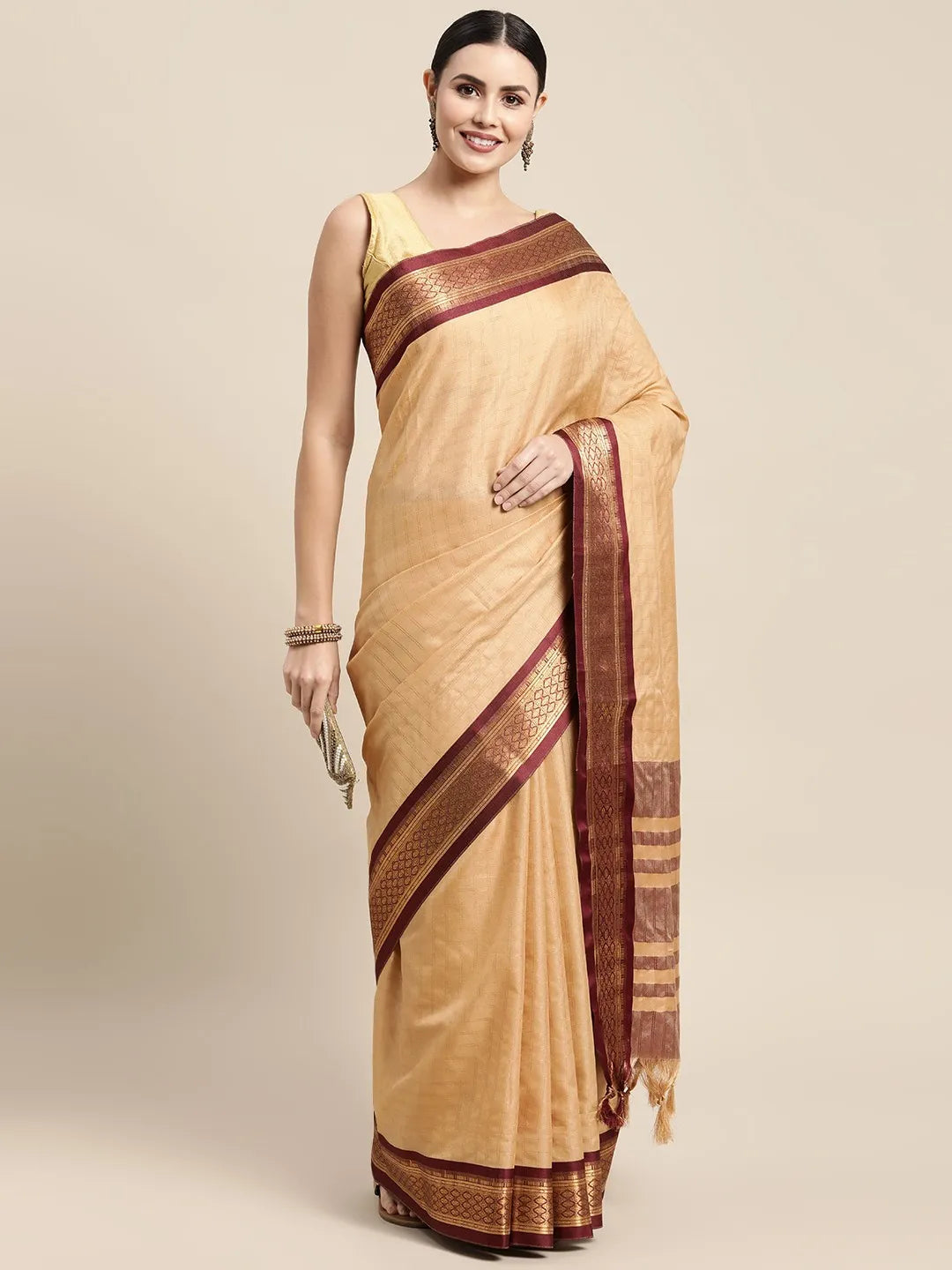 KALINI - Beige & Maroon Checked Zari Silk Cotton Saree