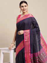 KALINI - Navy Blue & Pink Checked Zari Silk Cotton Saree