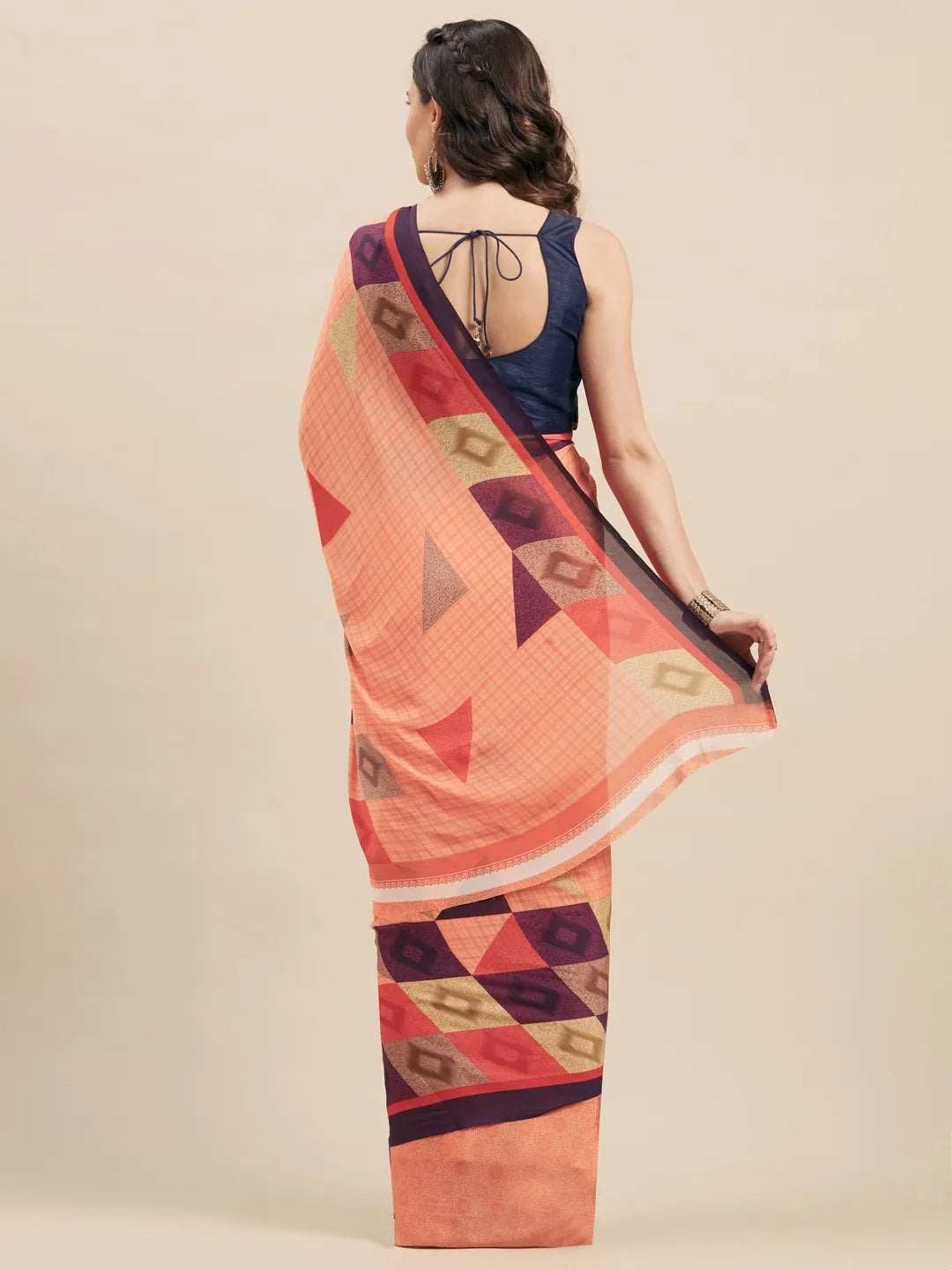 KALINI - Peach-Coloured & Purple Poly Georgette Printed Saree