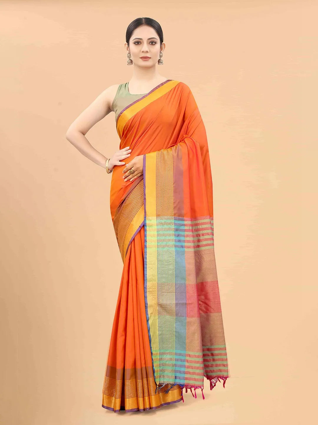 Silk Land - Orange & Blue Zari Art Silk Arani Saree