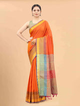 Silk Land - Orange & Blue Zari Art Silk Arani Saree