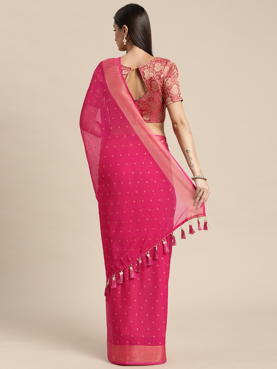 Mitera- Pink & Gold-Toned Floral Zari Pure Chiffon Saree