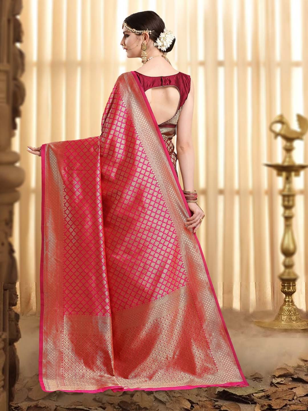 KALINI- Pink & Maroon Ethnic Motifs Zari Woven Design Half and Half Kanjeevaram Saree