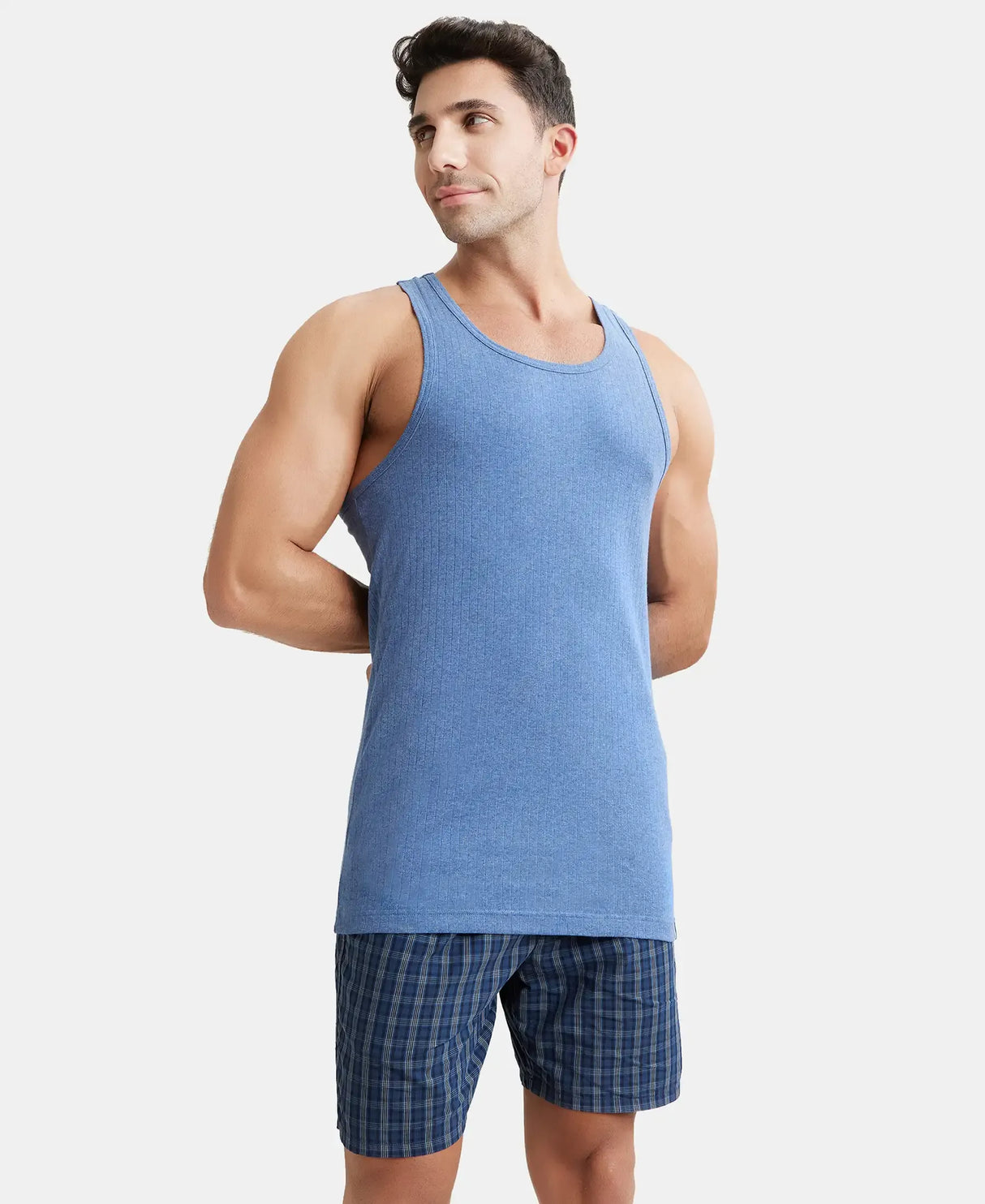 JOCKEY Super Combed Cotton Rib Round Neck with Racer Back Gym Vest #9922- Light Denim Melange