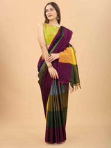 Silk Land - Purple & Yellow Colourblocked Art Silk Half and Half Uppada Saree