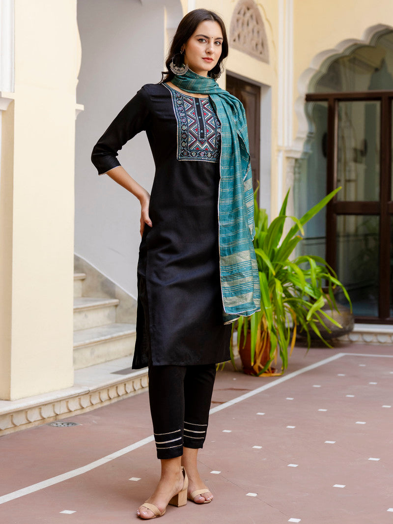 Cotton Embroidery Straight Kurti with Pant and Dupatta - Black