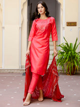 Cotton Embroidery Straight Kurti with Pant and Dupatta - Red